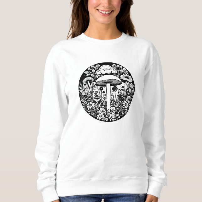 Black and White Retro Mushrooms and Flowers Sweatshirt (Front)