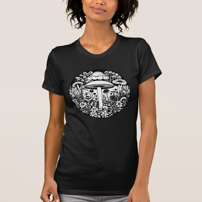 Black and White Retro Mushrooms and Flowers T-Shirt (Front)