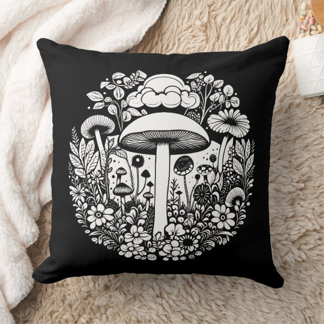 Black and White Retro Mushrooms and Flowers Throw Pillow (Blanket)