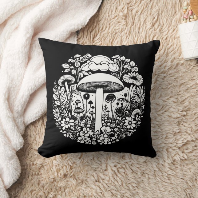 Black and White Retro Mushrooms and Flowers Throw Pillow (Blanket)
