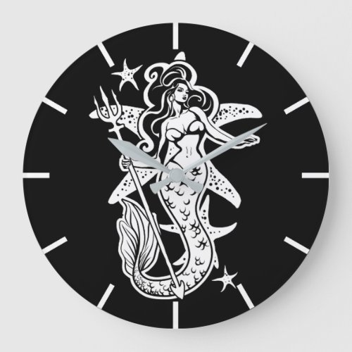 Black And White Retro Pin_Up Mermaid Large Clock