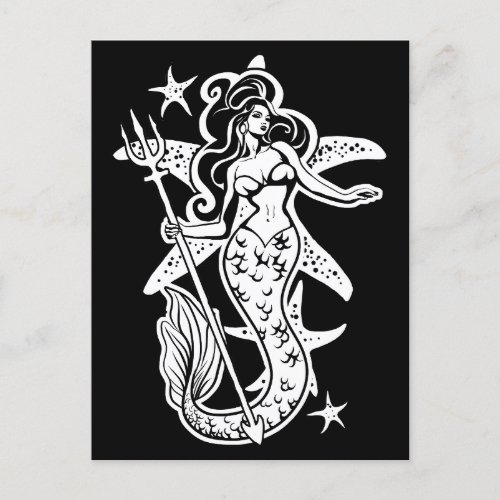 Black And White Retro Pin_Up Mermaid Postcard