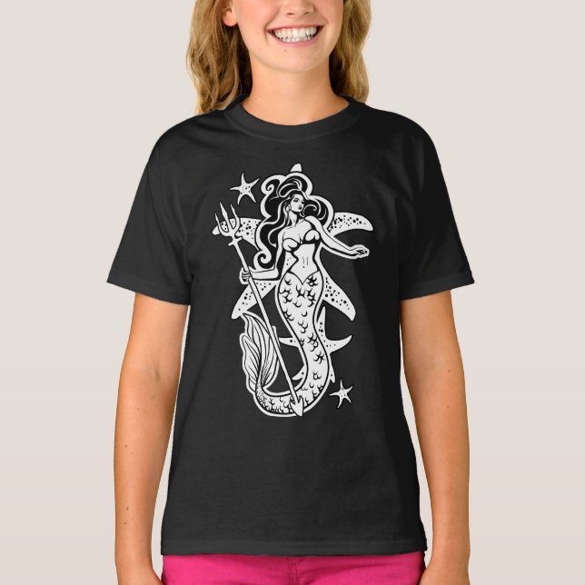 Black And White Retro Pin-Up Mermaid T-Shirt (Front)