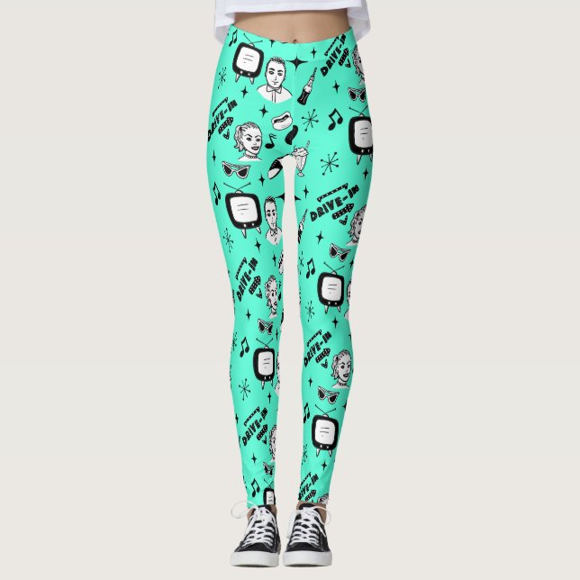 Black and White Retro Pop Art Style Nostalgic Leggings (Front)