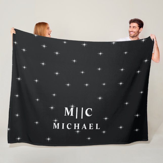 black and white retro stars modern monogram fleece blanket (In Situ)