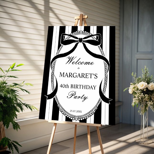 Black and white retro stripes bow birthday welcome foam board (Black and white retro stripes coquette bow vintage frame birthday welcome sign foam board)