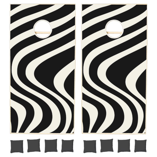 Black and white retro style waves cornhole set (Set)
