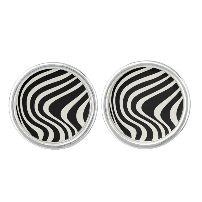 Black and white retro style waves cufflinks (Front)