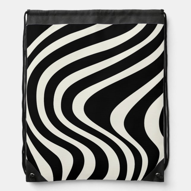 Black and white retro style waves drawstring bag (Front)