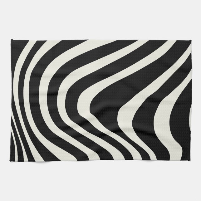 Black and white retro style waves kitchen towel (Horizontal)