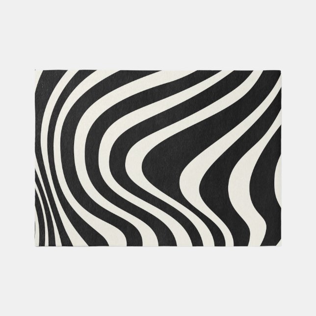 Black and white retro style waves outdoor rug (Front)