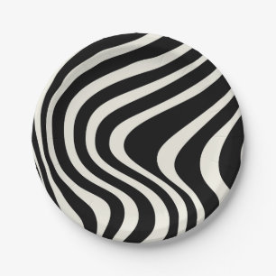 Black and white retro style waves paper plates