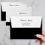 Black and white return address elegant monogrammed envelope<br><div class="desc">Modern elegant calligraphy black and white formal wedding invitation personalized envelope with a chic typography script and your monogram / name initials.              customize it with your return address label and monogram!               Inside liner features a classy geometric chevron style pattern.</div>