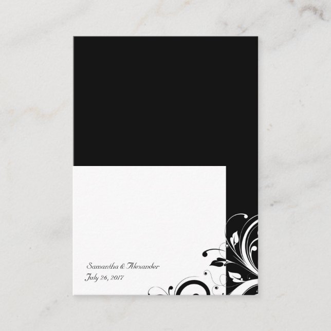 Black and White Reverse Swirl Place-Cards, Written Place Card (Front)