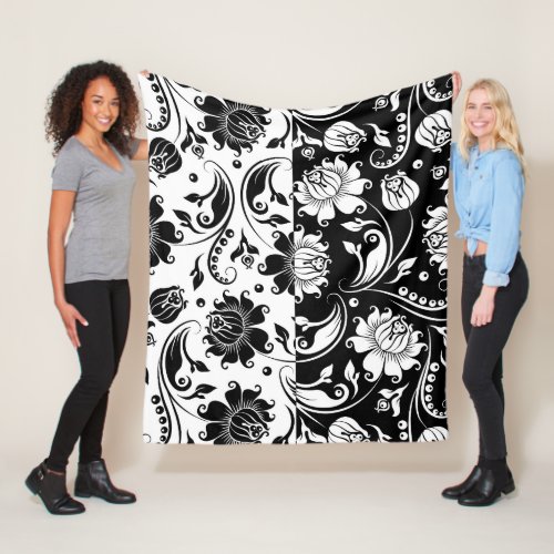 Black and white reversed floral damask pattern fleece blanket