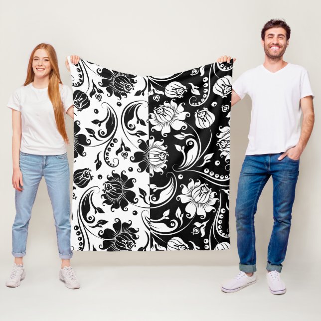 Black and white reversed floral damask pattern fleece blanket (In Situ)