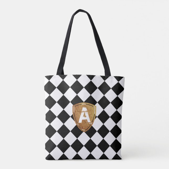Black and White rhombus classic with your Monogram Tote Bag (Back)