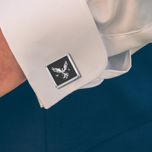 Black and White Rising Phoenix Monogram Initials Cufflinks (Creator Uploaded)