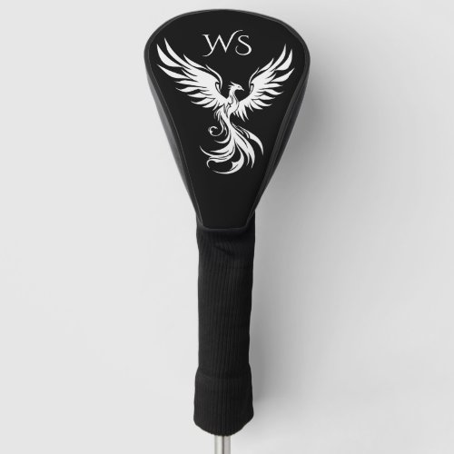 Black and White Rising Phoenix Monogram Initials Golf Head Cover