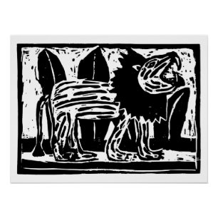 Black and White Roaring Lion Lino Cut Poster