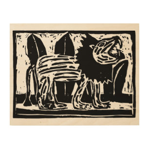 Black and White Roaring Lion Lino Cut Wood Wall Art