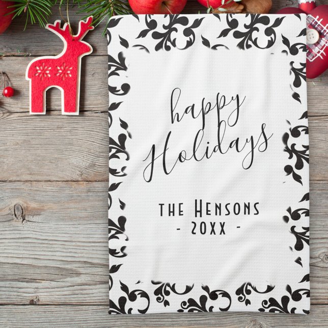 Black and White Rococo Happy Holidays Script Kitchen Towel (Creator Uploaded)