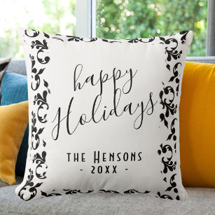 Black and White Rococo Happy Holidays Script  Throw Pillow