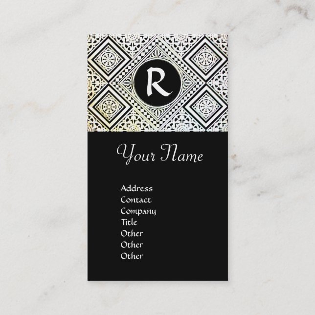 BLACK AND WHITE ROMAN EAGLE DAMASK MONOGRAM BUSINESS CARD (Front)