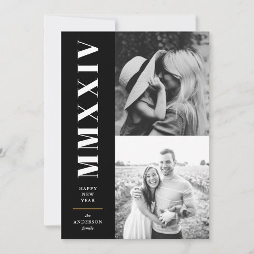 Black and White Roman Numerals Two Photo Holiday Card