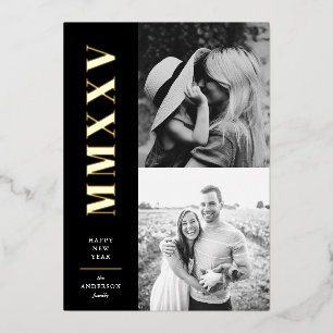 Black and White Roman Numerals Two Photo New Year Foil Holiday Card