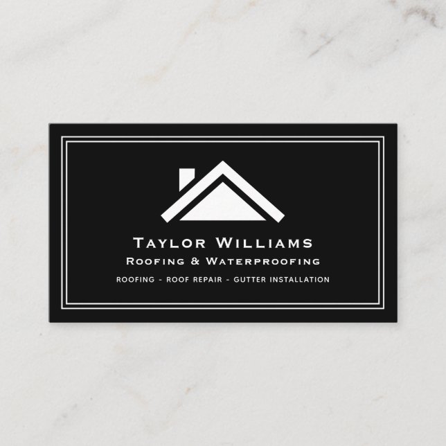 Black And White Roofing House Builder Construction Business Card (Front)