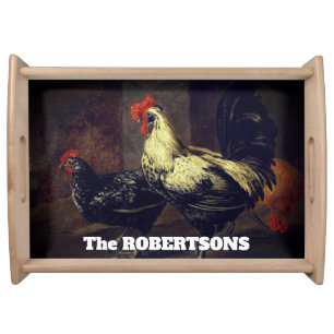 Black and White Rooster and Hen Serving Tray