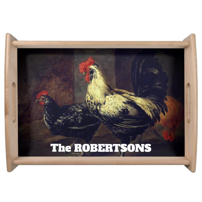 Black and White Rooster and Hen Serving Tray (Front)
