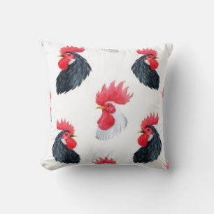 Black And White Roosters Pattern Throw Pillow