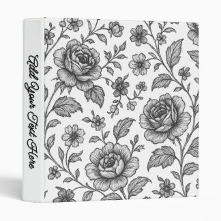 Black and White Rose Floral Pattern 3 Ring Binder
