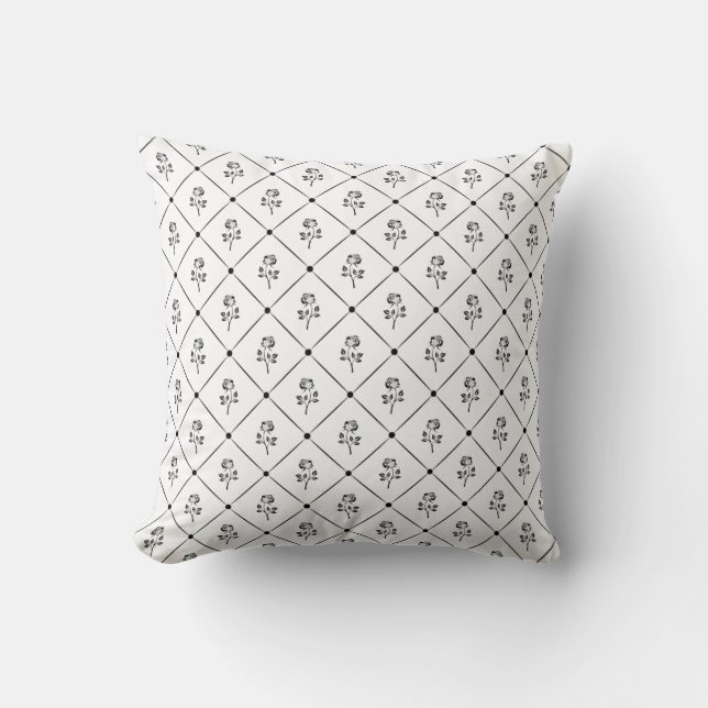 Black and White Rose Floral Pattern Throw Pillow (Front)