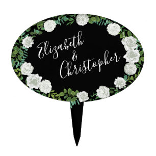 Black and White Rose Floral Wedding Cake Topper