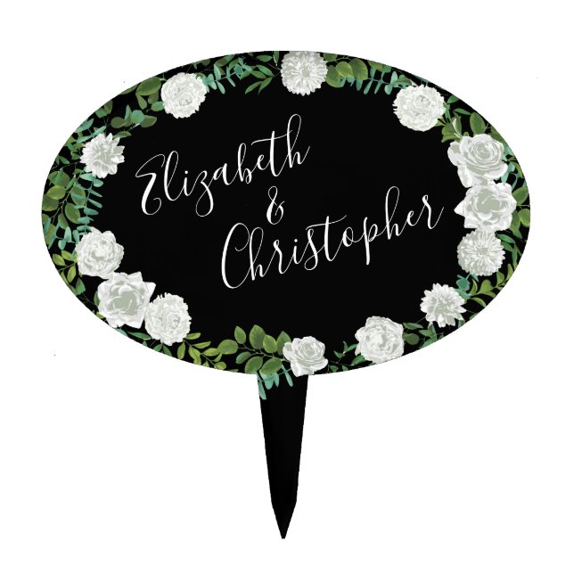 Black and White Rose Floral Wedding Cake Topper (Front)