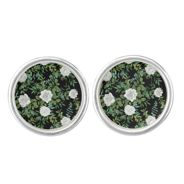 Black and White Rose Floral Wedding Cufflinks (Front)
