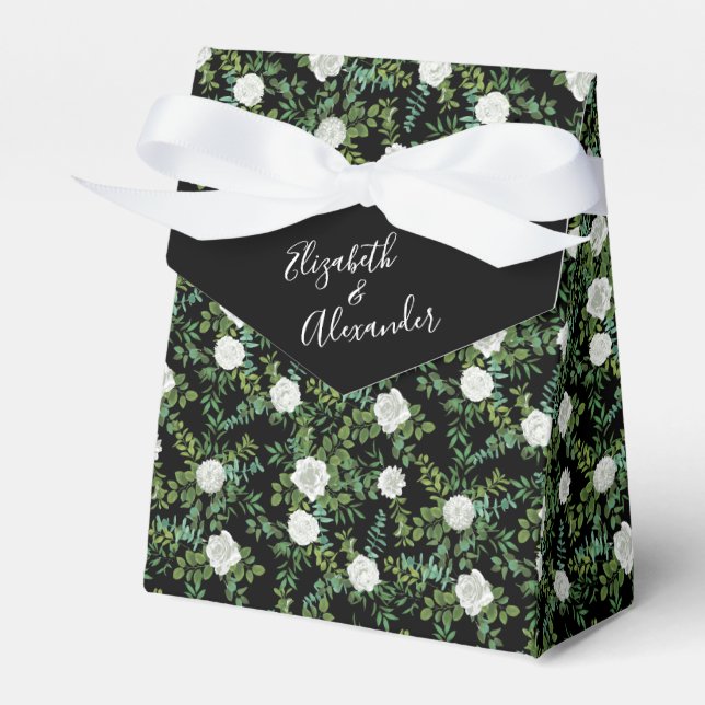 Black and White Rose Floral Wedding Favor Boxes (Front Side)