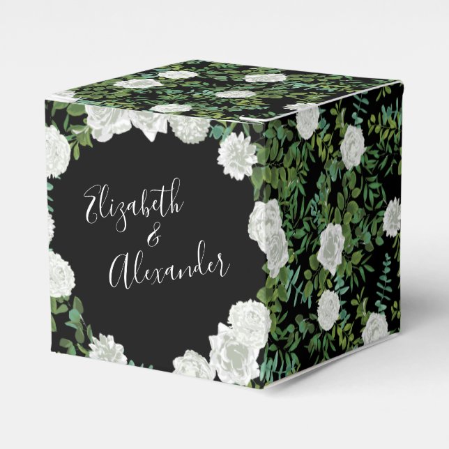 Black and White Rose Floral Wedding Favor Boxes (Front Side)