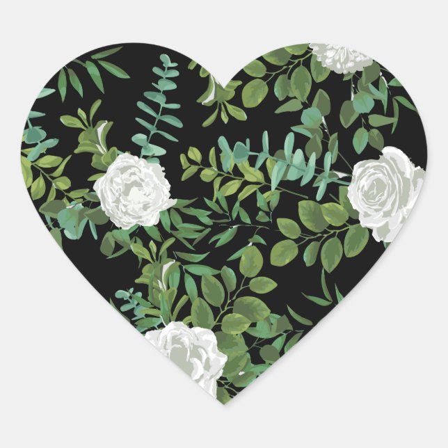 Black and White Rose Floral Wedding Heart Sticker (Front)