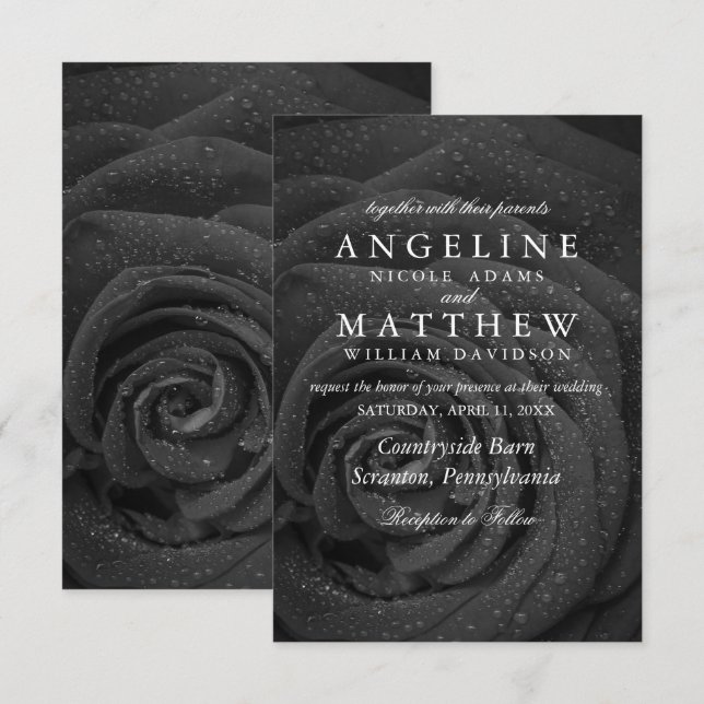 Black and White Rose Floral Wedding Invitation (Front/Back)