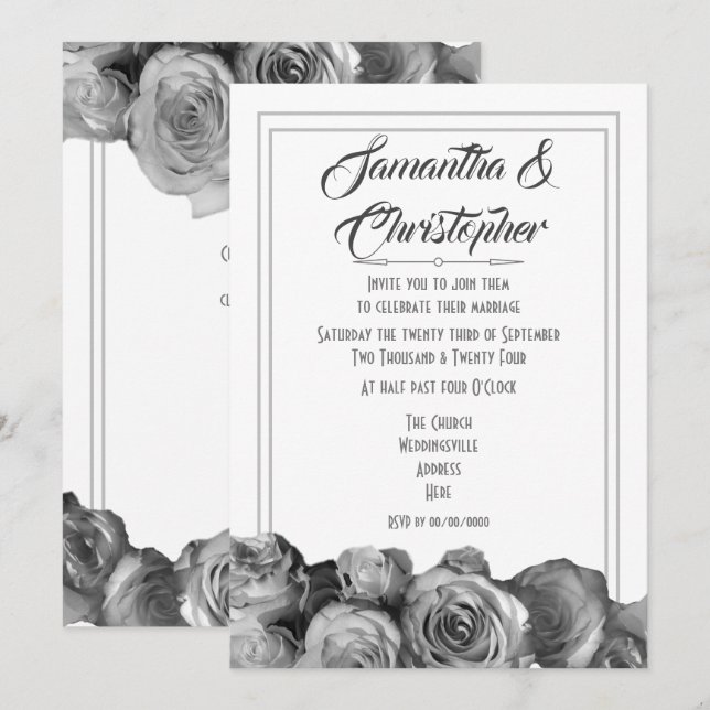 Black and white rose floral wedding invitation (Front/Back)