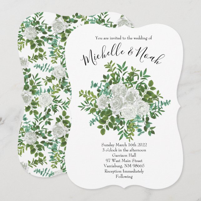 Black and White Rose Floral Wedding Invitation (Front/Back)