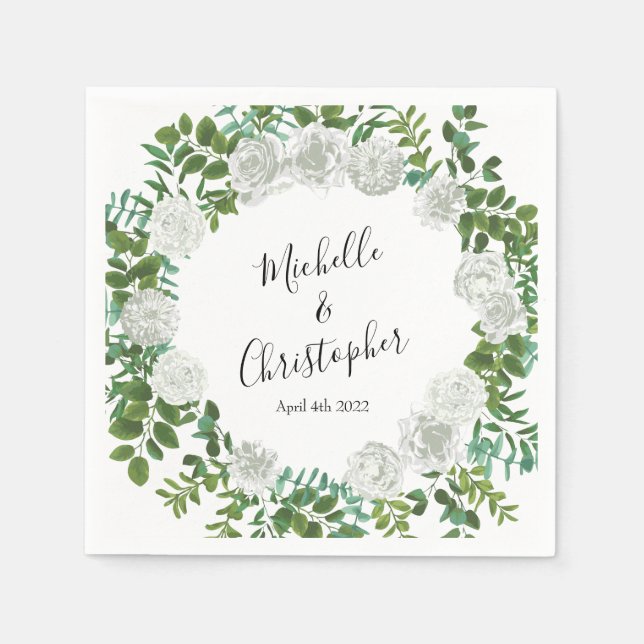 Black and White Rose Floral Wedding Napkins (Front)