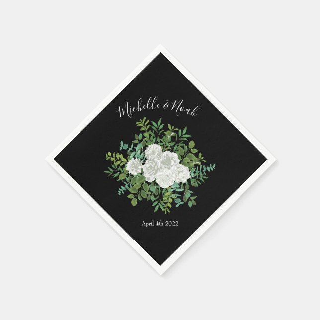 Black and White Rose Floral Wedding Napkins (Corner)