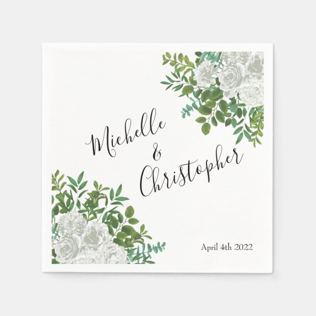 Black and White Rose Floral Wedding Napkins (Front)