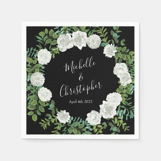Black and White Rose Floral Wedding Napkins (Front)