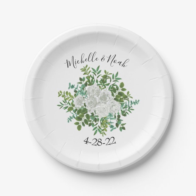 Black and White Rose Floral Wedding Paper Plates (Front)